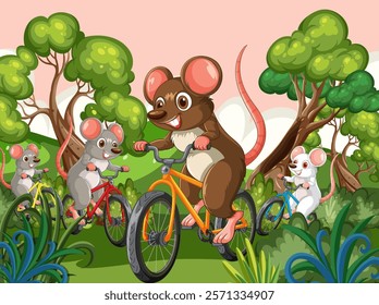 Mice on bicycles racing in a lush forest