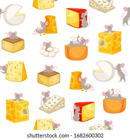 Mice and pieces of cheese seamless pattern vector cartoon illustration of mouse happily nibbling on chunk of cheese. Mouse, symbol of 2020 year and different sorts of cheese background.