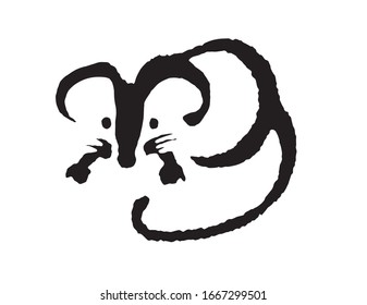 Mäuse, Ratten, Schwarz-Weiß-Farbbild gezeichnet. Vektorillustration. Die Maus ist das Symbol des Jahres 2020. Oriental, chinesisch, japanisch. 