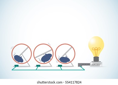 mice is running in a hamster wheel to generate power for lightbulb, teamwork and success concept