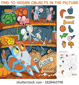 Mice scare a cat with a toy skeleton. Find 10 hidden objects in the picture. Puzzle Hidden Items. Funny cartoon character