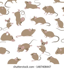 Mice seamless pattern. Mouse yoga poses and exercises. Cute cartoon clipart set. Vector illustration