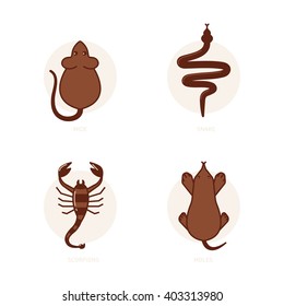Mice, snake, scorpions, moles simple vector illustration.