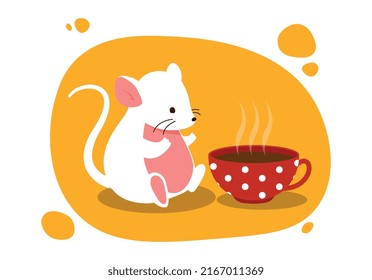 Mice with tea. White mammal with mug or cup of hot drink. Morning rituals and coffee. Fat mouse with food. Poster or banner for website, picture to print on clothes. Cartoon flat vector illustration