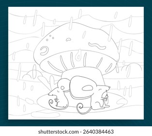 mice under a mushroom in the rain coloring page  