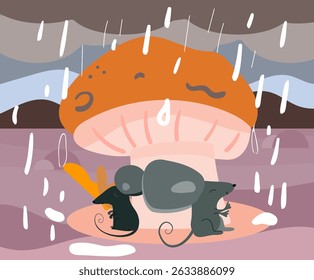 ratos sob um cogumelo na ilustração de plano de chuva