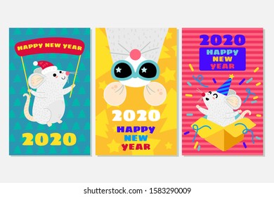 Mice vector greeting cards set. Xmas rats banner template. New Year 2020 symbol
