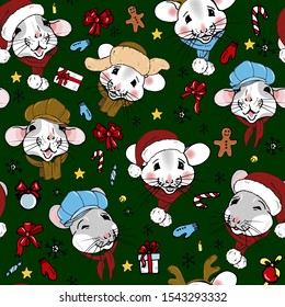 Mice in winter hats, seamless vector pattern
