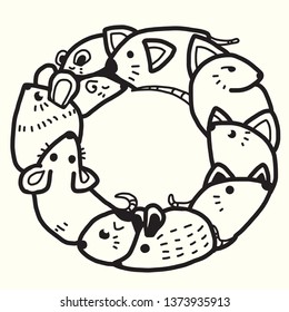 Mice in zero shaped doodle art. The animal of the Chinese zodiac. Hand drawn vector illustration.