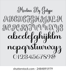 Micelina modern script style sweet calligraphy, decorative characters and dancing baseline! Very pretty on invitations such as greeting cards, branding materials, business cards, quotes, posters.