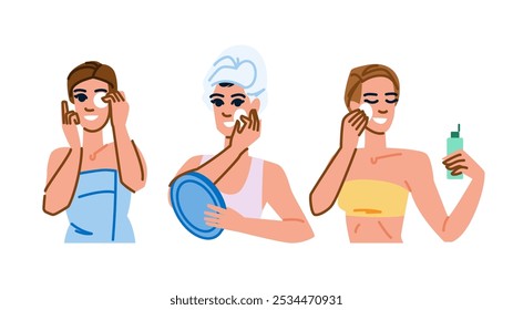 Vector de eliminación de maquillaje micelar. Aceite de bálsamo, loción de gel, almohadillas de crema Carácter de eliminación de maquillaje micelar. ilustración de dibujos animados planos de personas