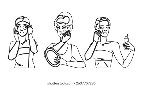 micellar makeup removal vector. balm oil, gel lotion, cream pads micellar makeup removal character. people black line pencil drawing illustration