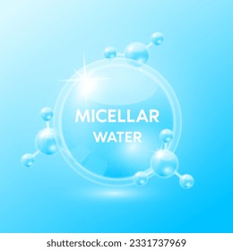 Micellar water. Amino acids are natural moisturizers facial cleancer. Collagen serum and hyaluronic acid skincare. For beauty cosmetic. Medical scientific concept. 3D Vector.