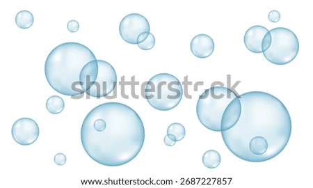 Micellar water, blue air bubble background. Collagen gel, serum droplet or lotion drops texture. Moisturizing cosmetic product for skin care. Vector illustration.