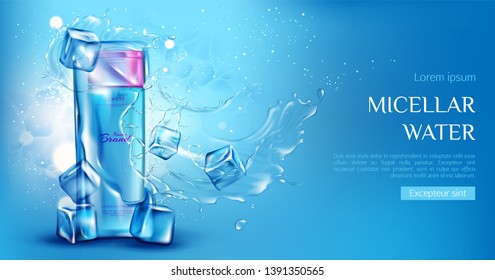 Micellar water cosmetic bottle mockup with ice cubes, aqua splashes on blue background. Beauty cosmetics product, makeup remover or tonic ad promo poster. Realistic 3d vector illustration, banner.