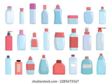 Micellar water icons set cartoon vector. Beauty makeup. Bottle container