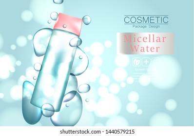 Micellar water for makeup cleaning 3d realistic vector advertising banner, poster. Cosmetic product bottle. Package design.