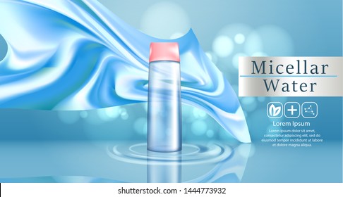 Micellar water for makeup cleaning 3d realistic vector advertising banner, poster. Cosmetic product bottle. Package design.