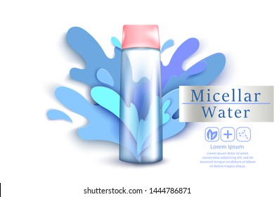 Agua Micellar con agua salada de papel. para maquillaje limpiando banner 3d realista de publicidad vectorial, afiche. Frasco de producto cosmético. Diseño de paquetes.