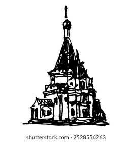 Catedral de Miguel, o Arcanjo, no Kremlin de Nizhni Novgorod, Rússia. Antigo templo ortodoxo russo. Desenhado à mão linear rabiscar esboço bruto. Silhueta em preto e branco.