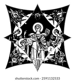 Michael Archangel on cross dome with 4 apostles, angels and seraphim. Ink illustration black and white in Byzantine style isolated