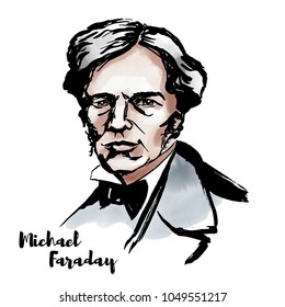 Michael Faraday watercolor vector portrait with ink contours. English scientist who contributed to the study of electromagnetism and electrochemistry.