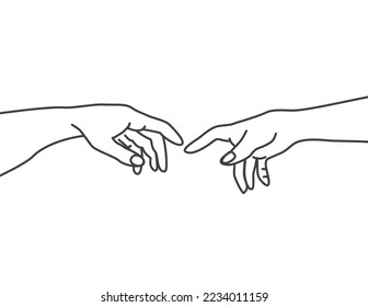 Michaelangelo creation of adam, adam and god hand, line art, vector drawing illustration, elegant reaching connection concept.