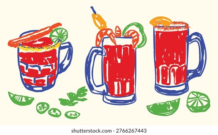 Michelada drink illustration featuring a popular Mexican beer cocktail with lime, chili, and spices. Refreshing and bold beverage perfect for summer parties, bar menus, and festive food themes.