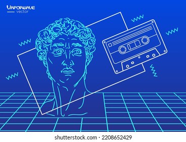 Michelangelo's David.Vaporwave style, line art vector design.