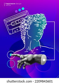 Michelangelo's David.Vaporwave style, line art vector design.