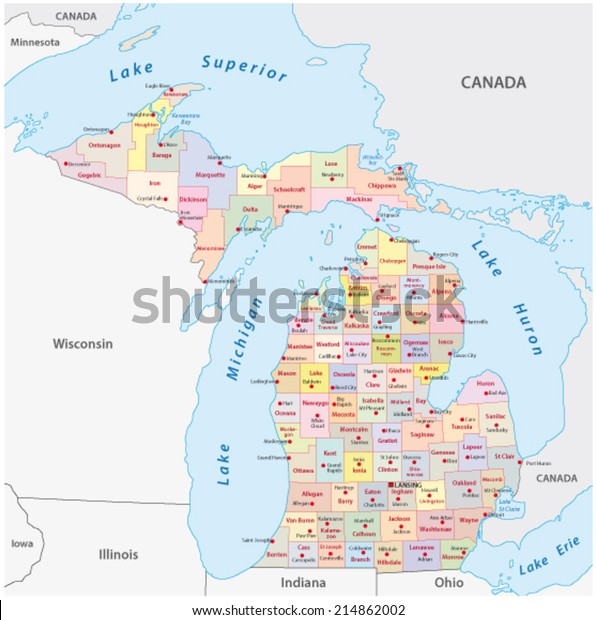 Michigan Administrative Map Stock Vector (Royalty Free) 214862002 ...