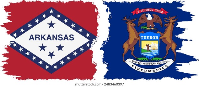 Michigan and Arkansas states grunge brush flags connection, vector