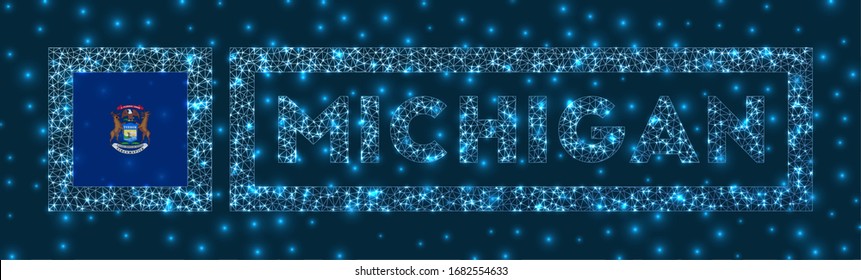 Michigan badge. Flag of Michigan in glowing network geometric style. Radiant vector illustration.