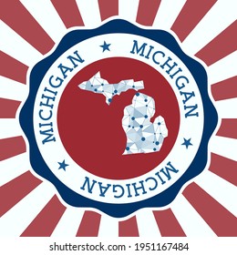 Michigan Badge. Round logo of US state with triangular mesh map and radial rays. EPS10 Vector.