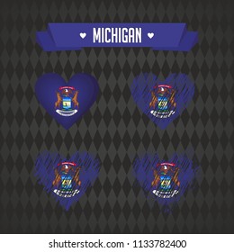 Michigan. Collection of four vector hearts with flag. Heart silhouette