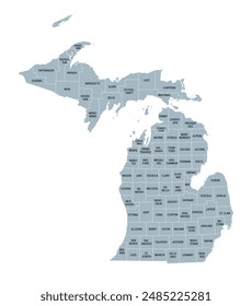 Michigan counties, gray political map. A state in the Great Lakes region of the Upper Midwest of the United States, subdivided into 83 counties. Map with county boundaries and names. Illustration