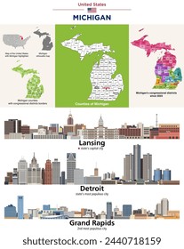 Michigan counties map and congressional districts since 2023 map. Lansing (state's capital city), Detroit and Grand Rapids (state's most populous cities) skylines. Vector set
