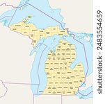 Michigan counties, political map. A state in the Great Lakes region of the Upper Midwest of the United States, subdivided into 83 counties. Map with boundaries and county names. Illustration. Vector