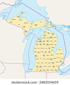 Michigan Countys, politische Karte. Ein Staat in der Region der Großen Seen im oberen Mittelwesten der Vereinigten Staaten, unterteilt in 83 Countys. Karte mit Grenzen und Landkreisnamen. Illustration Vektorgrafik