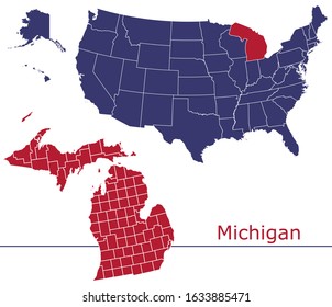 Michigan counties vector map with USA map colors national flag