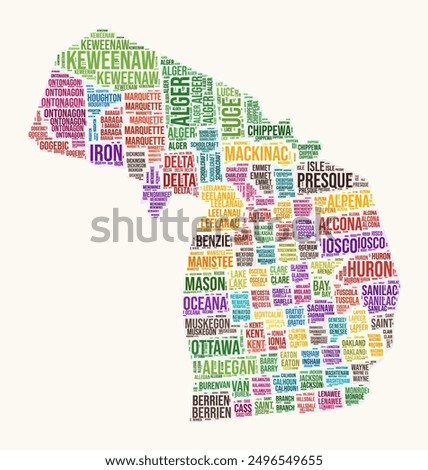 Michigan counties word cloud. State logo design. Counties typography style vector image. Michigan colored text cloud. Artistic vector illustration.
