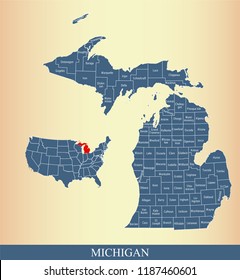 Michigan county map vector outline blue background. Map of Michigan state of USA with borders and counties names labeled