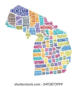 In: Michigan County Word Cloud. In: State Shape Design. In: Michigan Coloured Illustration. In: County names collage cloud. Vektorillustration.