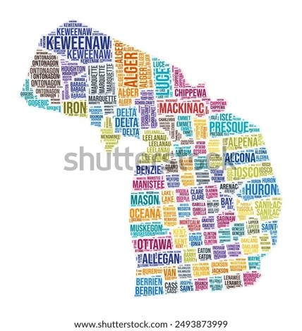 Michigan county word cloud. State shape design. Michigan colored illustration. County names collage cloud. Vector illustration.