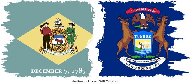 Michigan and Delaware states grunge brush flags connection, vector