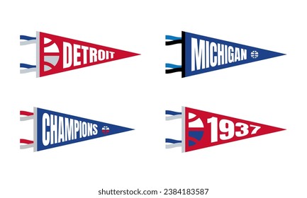 Michigan, Juego de Banderas Pennant de Baloncesto de Detroit. Iconos de vectores de fútbol. Bandera deportiva de la Universidad de los Estados Unidos, aislada