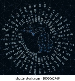 Michigan digital map. Binary rays radiating around glowing US state. Internet connections and data exchange design. Vector illustration.