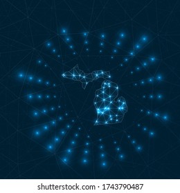 Michigan digital map. Glowing rays radiating from the us state. Network connections and telecommunication design. Vector illustration.