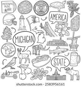 Michigan Doodle Icons Black and White Line Art. Usa State Clipart Hand Drawn Symbol Design.