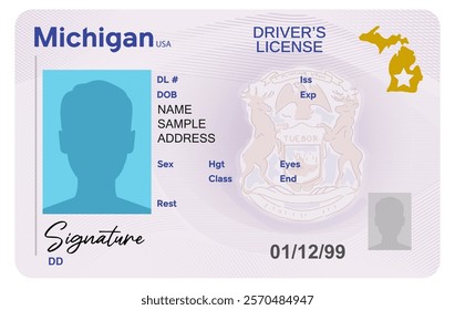 Michigan driver's license isolated on white background. Person driver license.